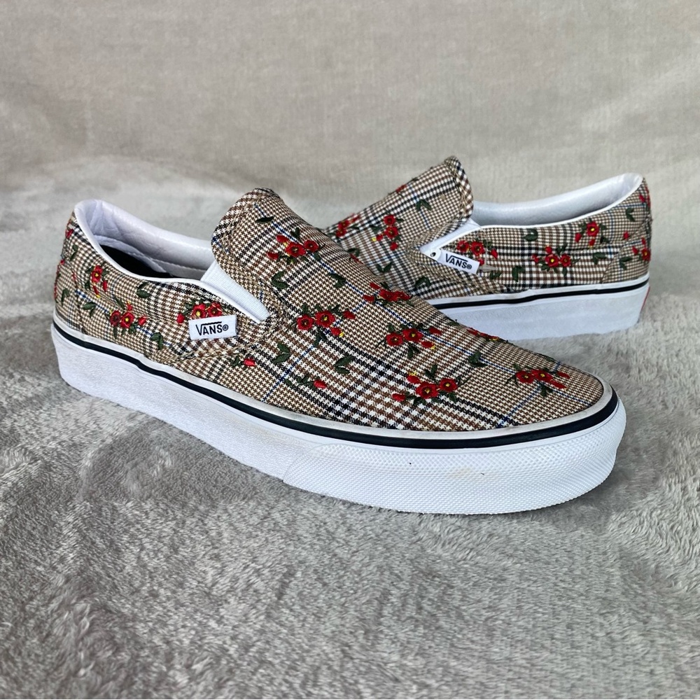 Vans Floral Plaid Slip On Sneaker Skate Shoes Womens Size 5 Brown Red Stitch NEW - Picture 3 of 11